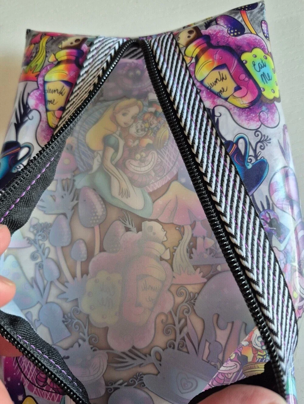 Clear purple tea party strip cat, makeup brush pouch